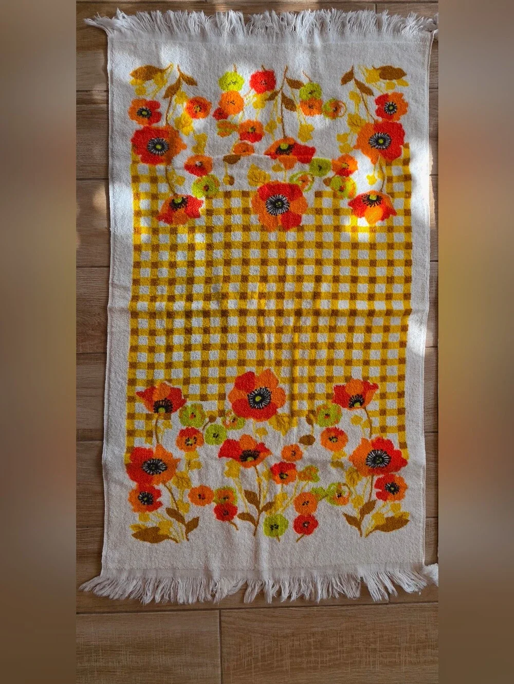 Vintage 70s Cone Mills Floral Towel Set 2 Fringe Orange Poppies Gingham USA